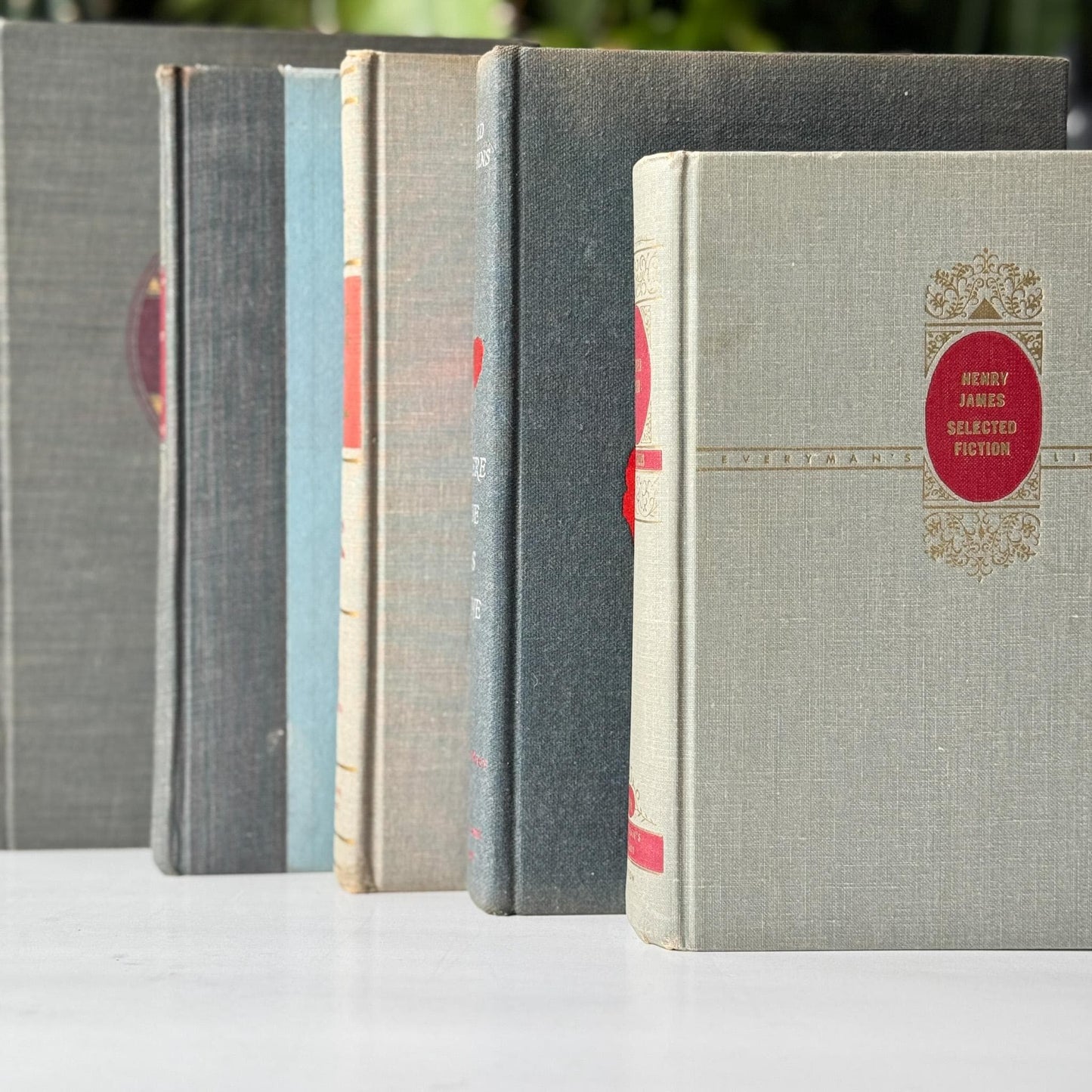 Vintage Mid - Mod Gray and Red Old Book Set for Shelf Styling - Pretty Old Books