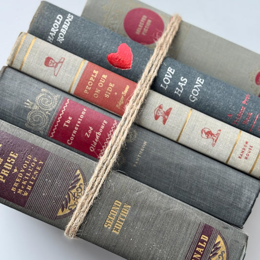 Vintage Mid - Mod Gray and Red Old Book Set for Shelf Styling - Pretty Old Books