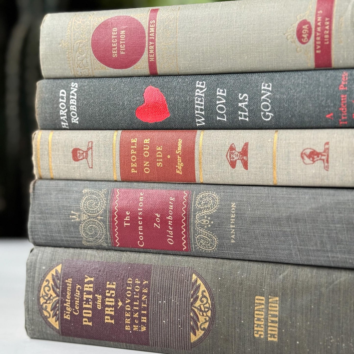 Vintage Mid - Mod Gray and Red Old Book Set for Shelf Styling - Pretty Old Books