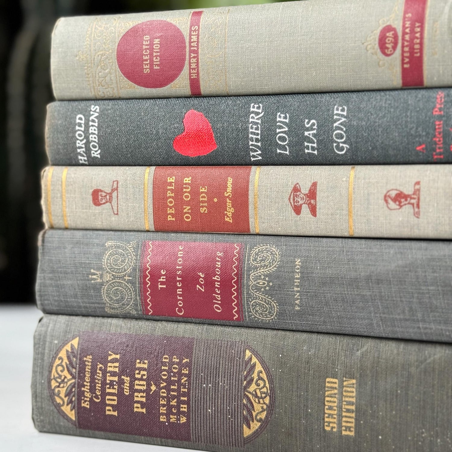 Vintage Mid - Mod Gray and Red Old Book Set for Shelf Styling - Pretty Old Books