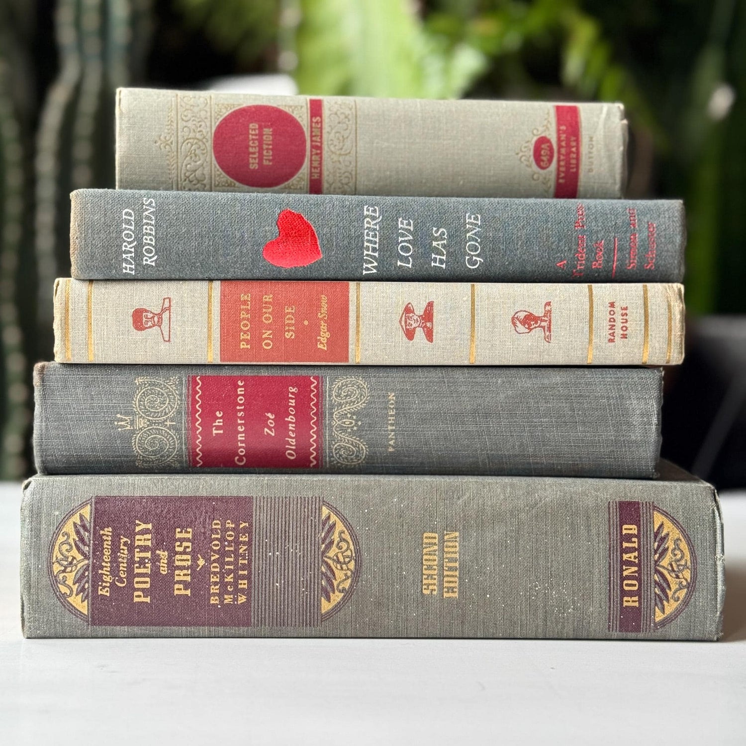 Vintage Mid - Mod Gray and Red Old Book Set for Shelf Styling - Pretty Old Books
