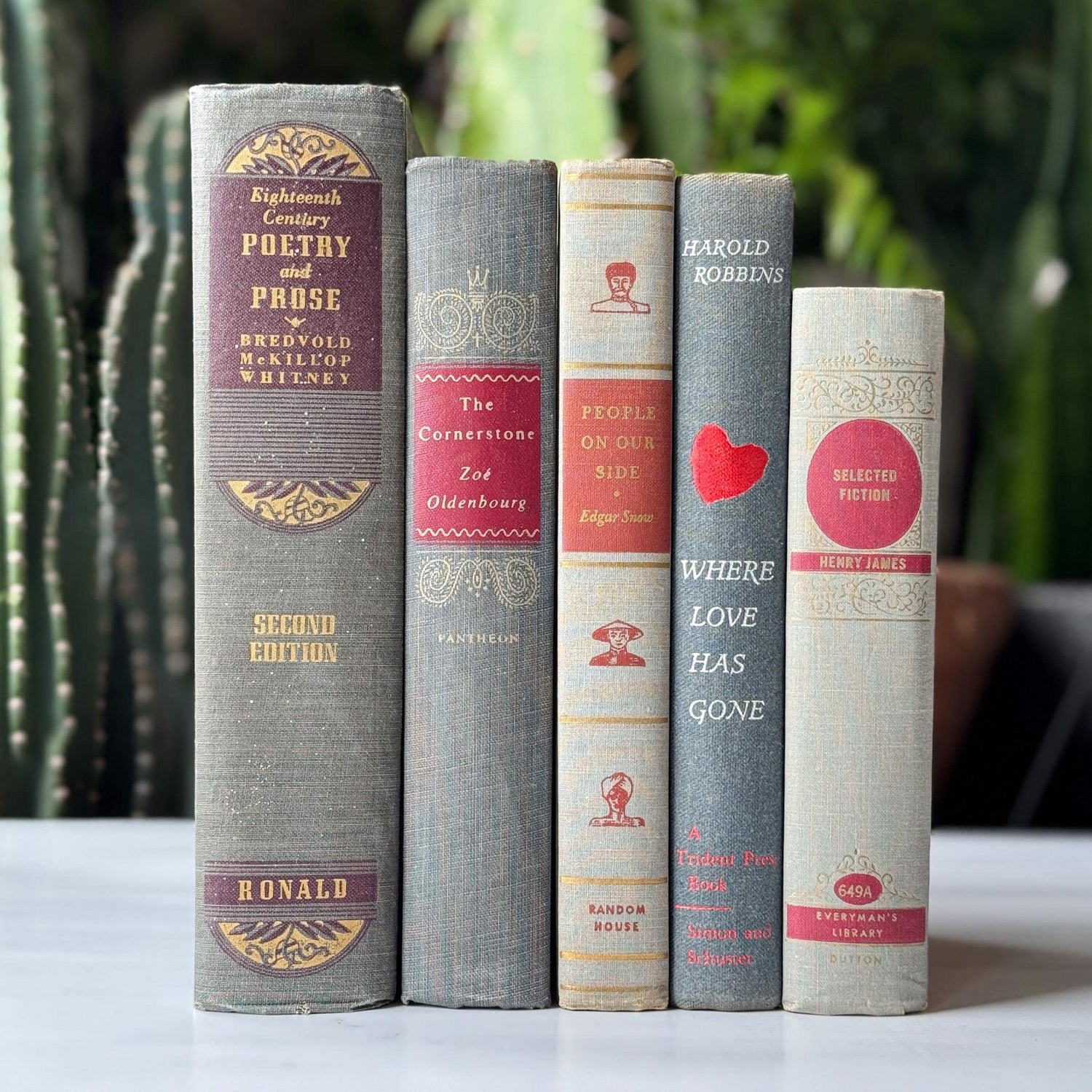 Vintage Mid - Mod Gray and Red Old Book Set for Shelf Styling - Pretty Old Books