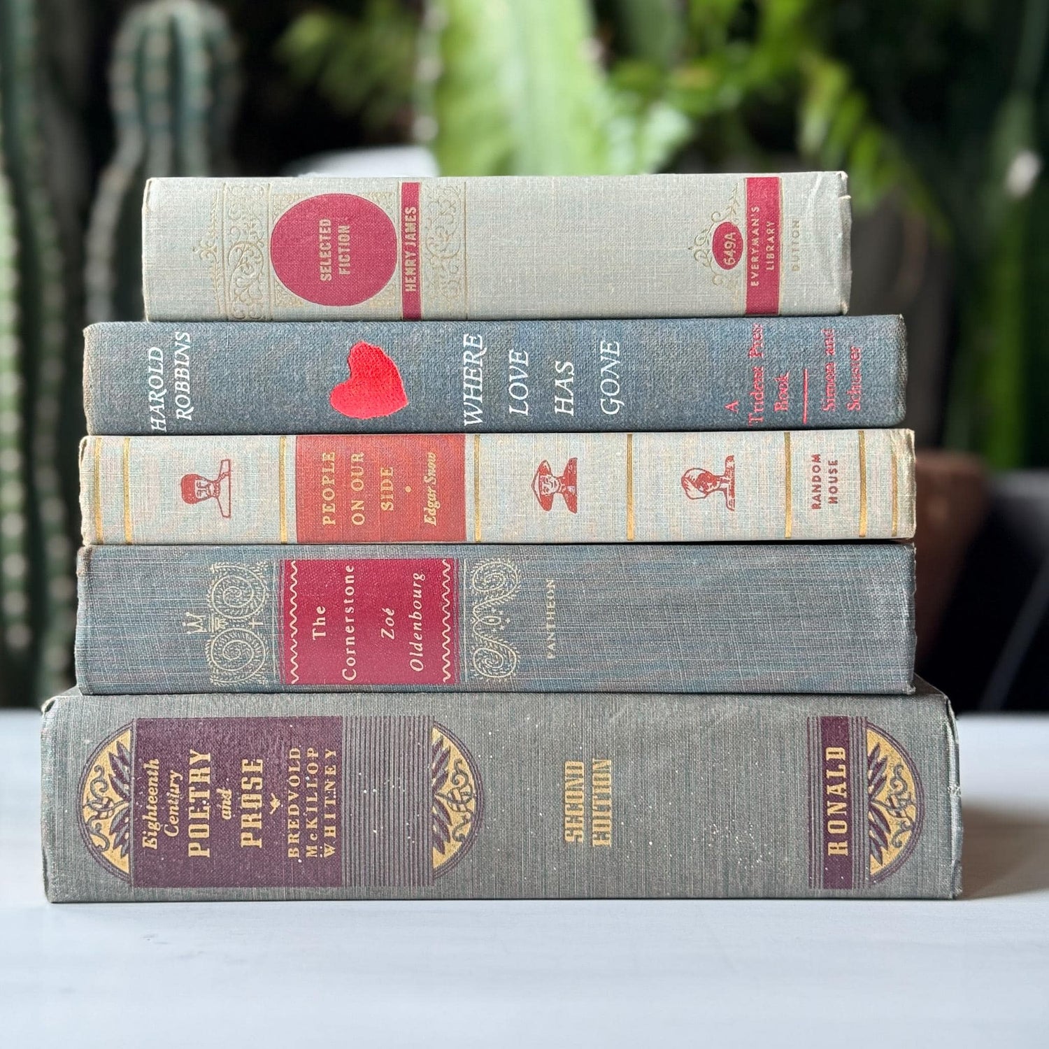 Vintage Mid - Mod Gray and Red Old Book Set for Shelf Styling - Pretty Old Books