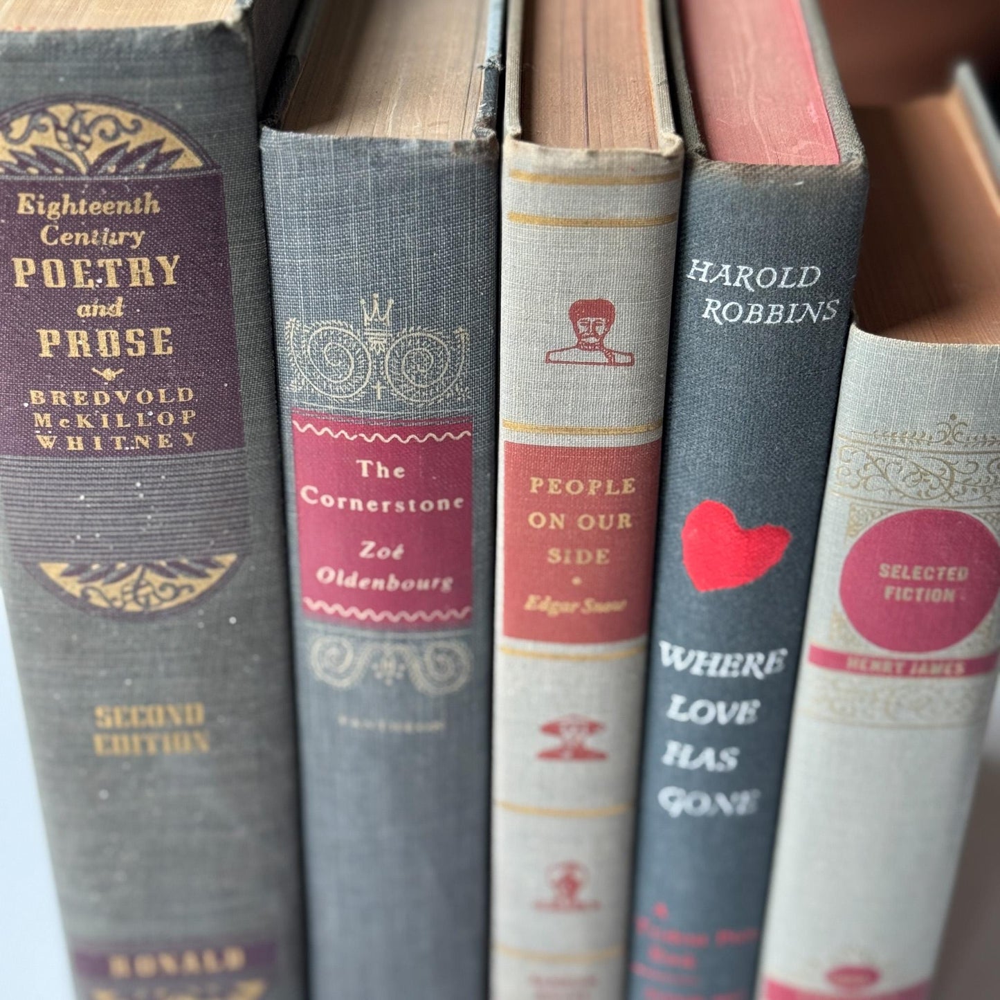 Vintage Mid - Mod Gray and Red Old Book Set for Shelf Styling - Pretty Old Books