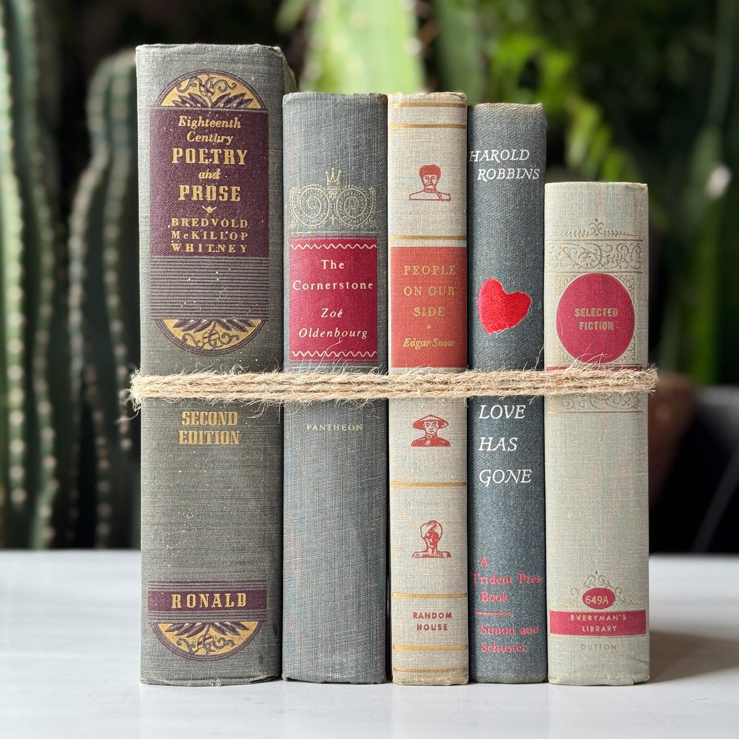 Vintage Mid - Mod Gray and Red Old Book Set for Shelf Styling - Pretty Old Books