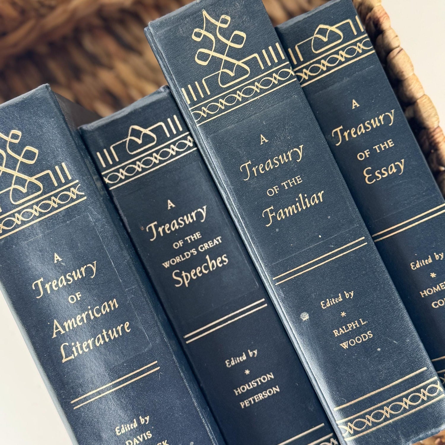 Vintage Navy Blue and Gold Book Set of Literature, Quotes, Essays - Pretty Old Books