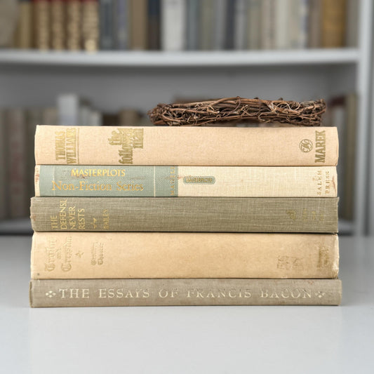 Vintage Neutral Tan and Cream Book Set for Bookshelf Decor - Pretty Old Books