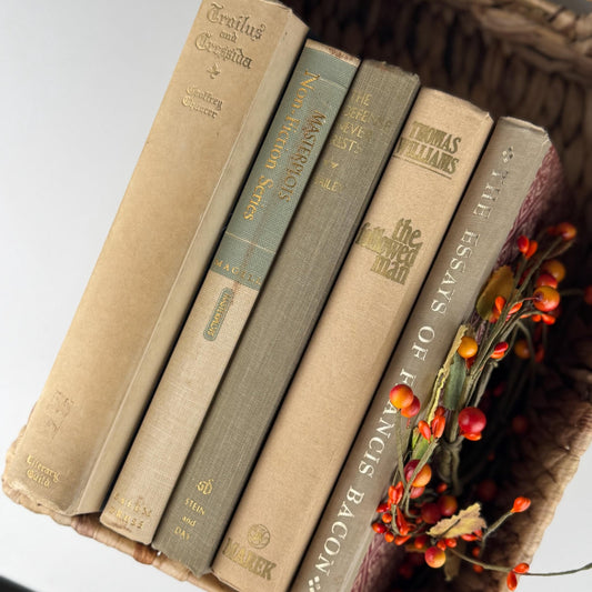 Vintage Neutral Tan and Cream Book Set for Bookshelf Decor - Pretty Old Books