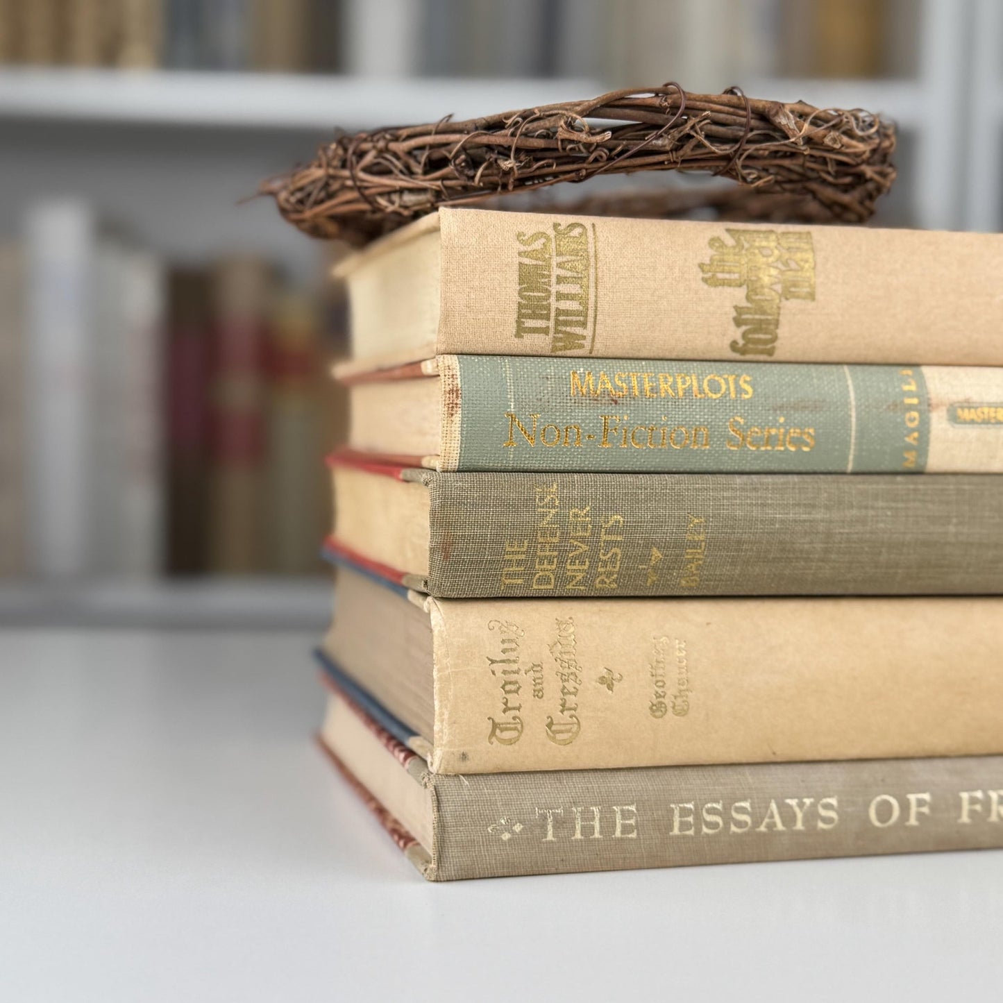 Vintage Neutral Tan and Cream Book Set for Bookshelf Decor - Pretty Old Books