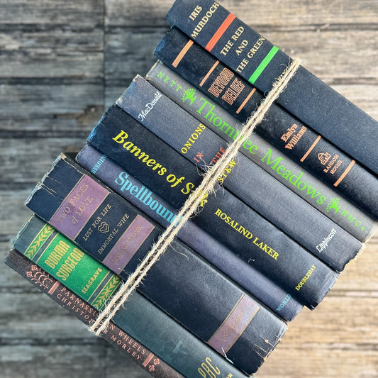 Vintage Old Black Books With Colorful Accents for Shelf Styling - Pretty Old Books