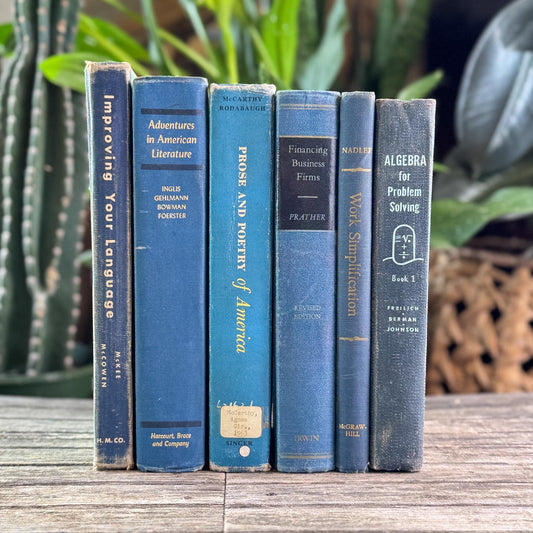Vintage Oversized Blue Mid-Century Textbook Bundle For Shelf Styling - Pretty Old Books