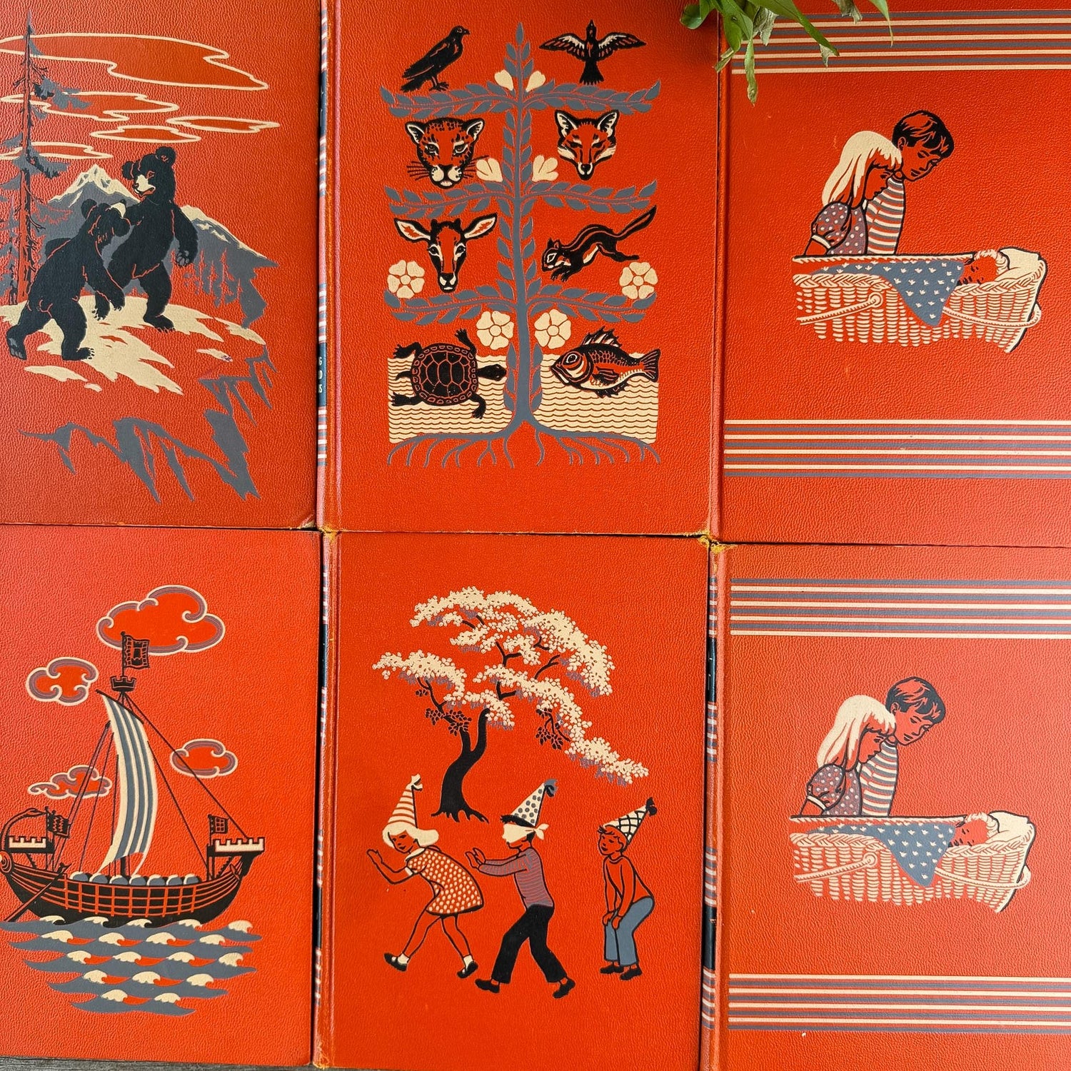 Vintage Partial 1949 Childcraft Orange and Black Mid Century Children's Reference Set - Pretty Old Books