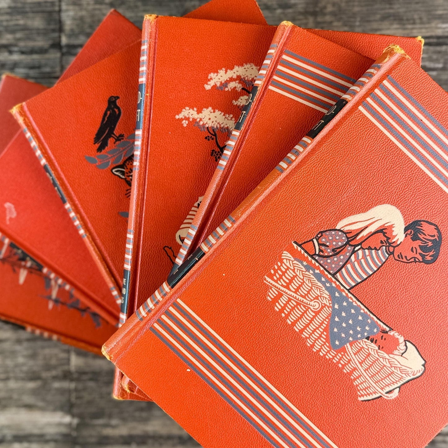 Vintage Partial 1949 Childcraft Orange and Black Mid Century Children's Reference Set - Pretty Old Books