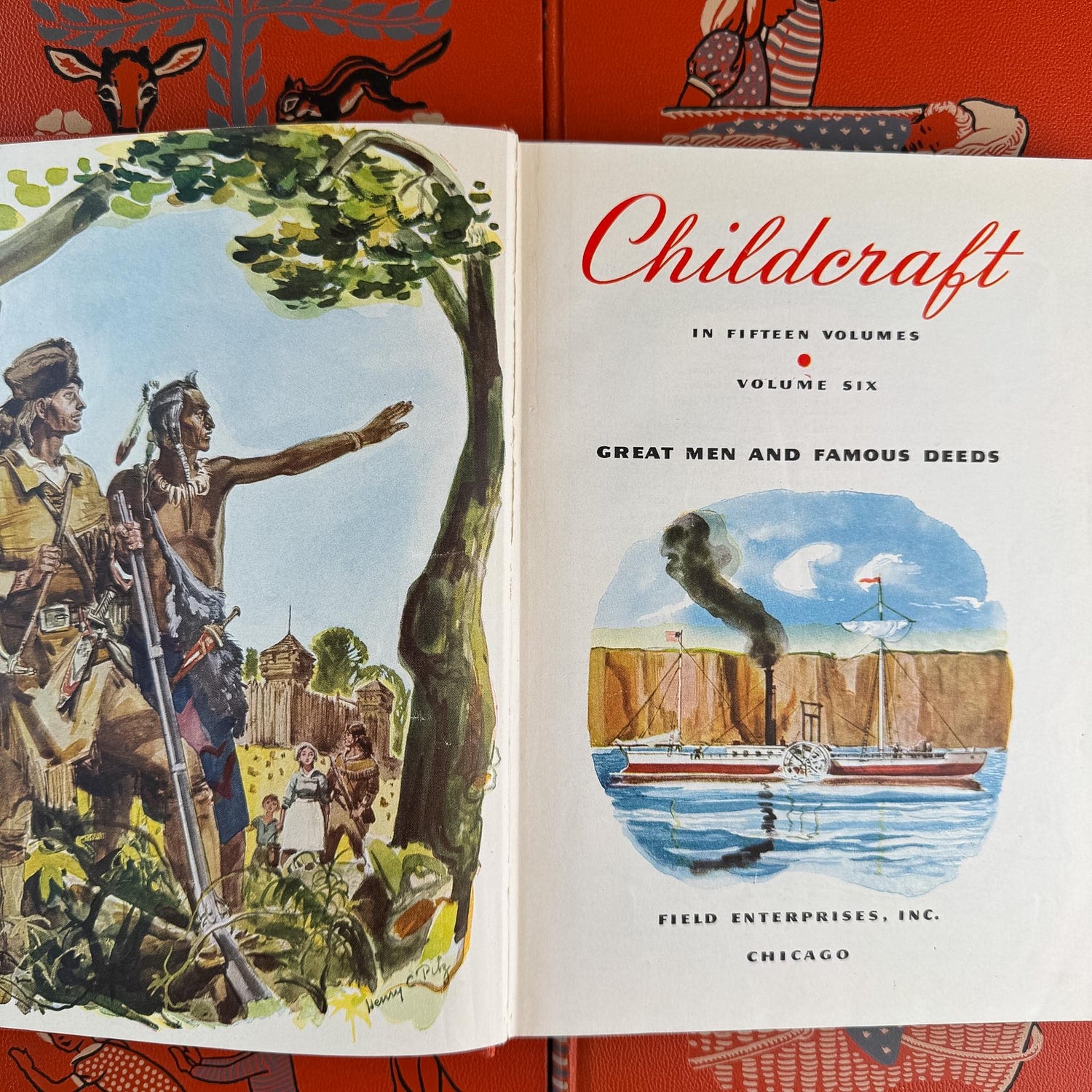 Vintage Partial 1949 Childcraft Orange and Black Mid Century Children's Reference Set - Pretty Old Books