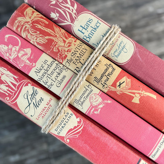 Vintage Pink and Coral Classic Children's Books, Grosst & Dunlap Illustrated Junior Library - Pretty Old Books