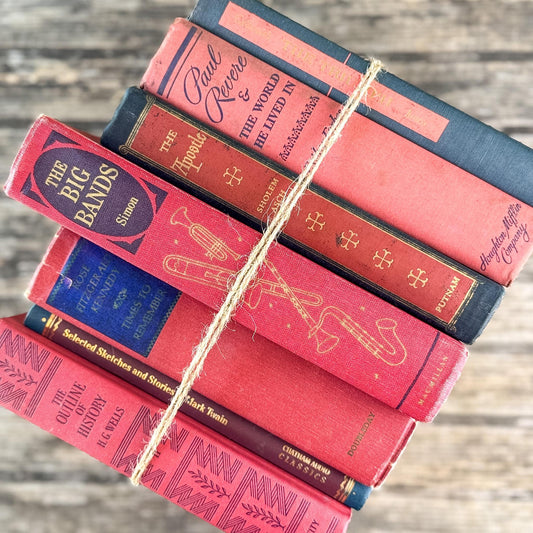 Vintage Red and Blue Book Bundle For Decor, Masculine Mid-Century Americana Decor - Pretty Old Books