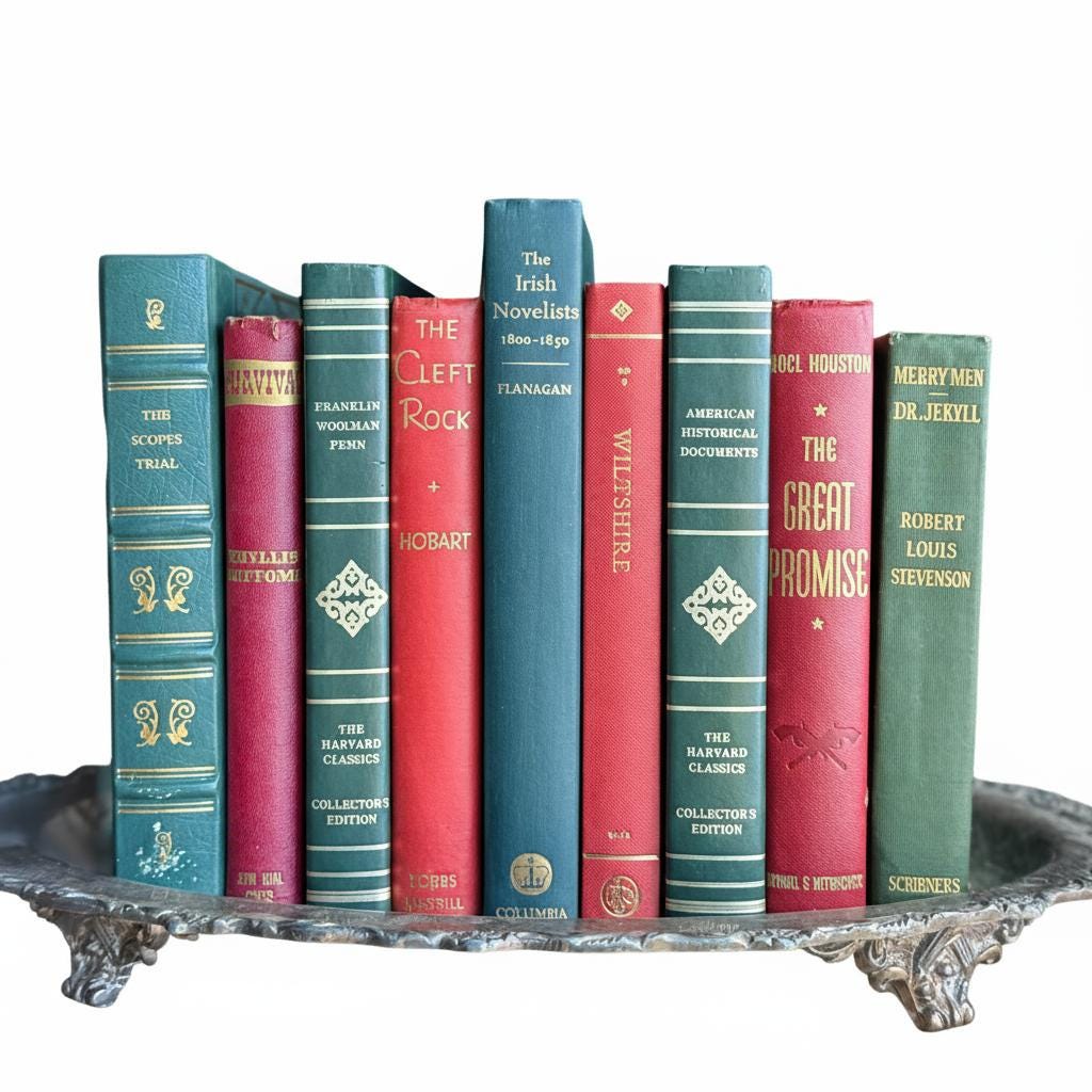 Vintage Red and Green Christmas Book Stack for Holiday Decor - Pretty Old Books