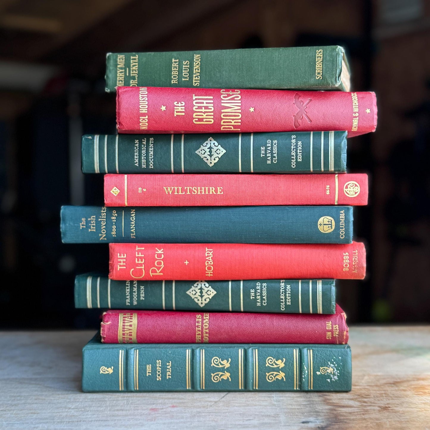 Vintage Red and Green Christmas Book Stack for Holiday Decor - Pretty Old Books