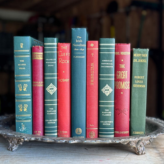 Vintage Red and Green Christmas Book Stack for Holiday Decor - Pretty Old Books