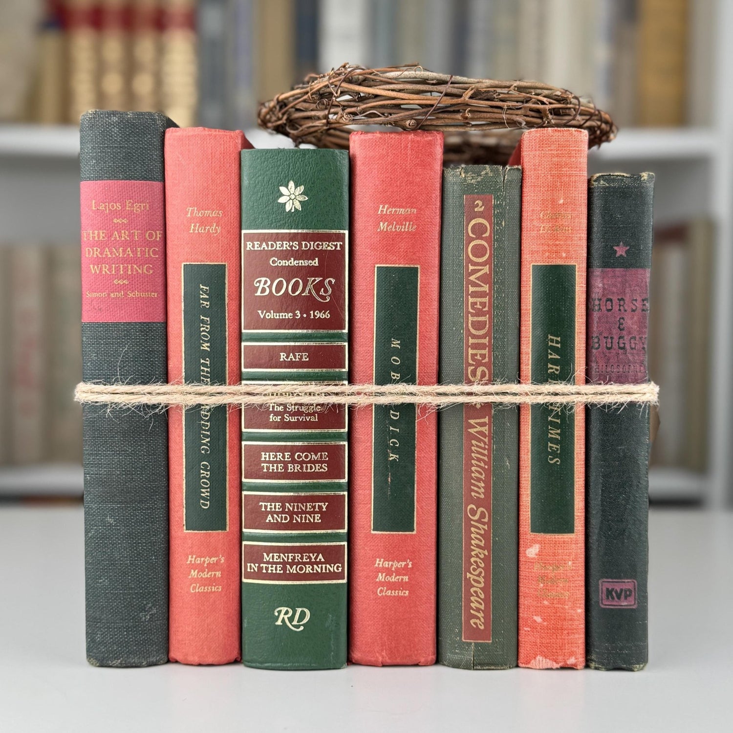 Vintage Red and Green Literature Book Bundle for Shelf Styling and Holiday Mantle Decor - Pretty Old Books