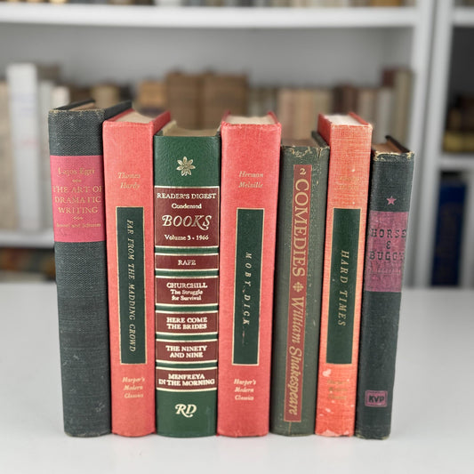 Vintage Red and Green Literature Book Bundle for Shelf Styling and Holiday Mantle Decor - Pretty Old Books