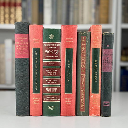 Vintage Red and Green Literature Book Bundle for Shelf Styling and Holiday Mantle Decor - Pretty Old Books