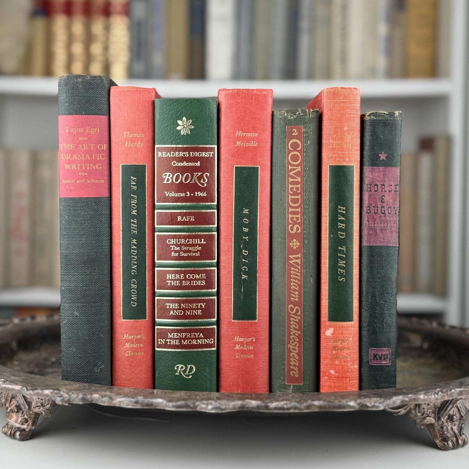 Vintage Red and Green Literature Book Bundle for Shelf Styling and Holiday Mantle Decor - Pretty Old Books