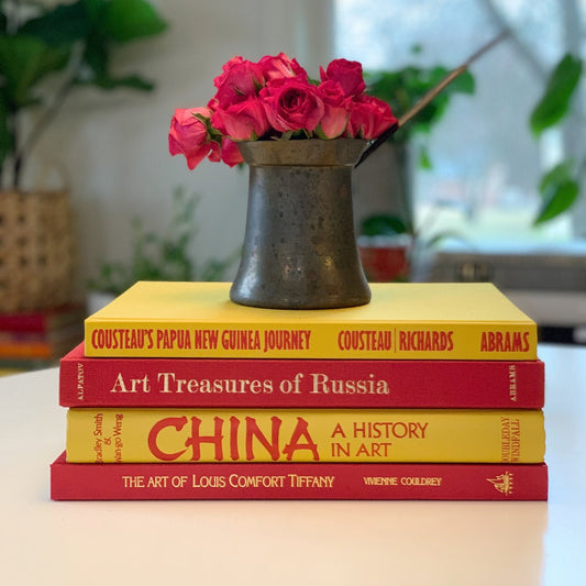 Vintage Red and Yellow Art Themed Coffee Table Book Set, Handmade Decor - Pretty Old Books