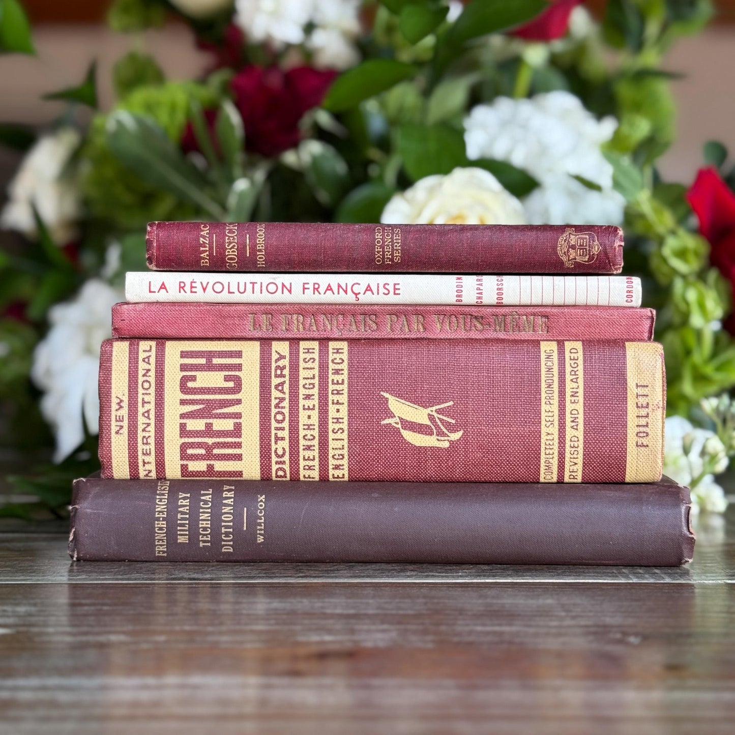 Vintage Red French Language Book Set in Burgundy & Red Decorative for Shelf Styling - Pretty Old Books