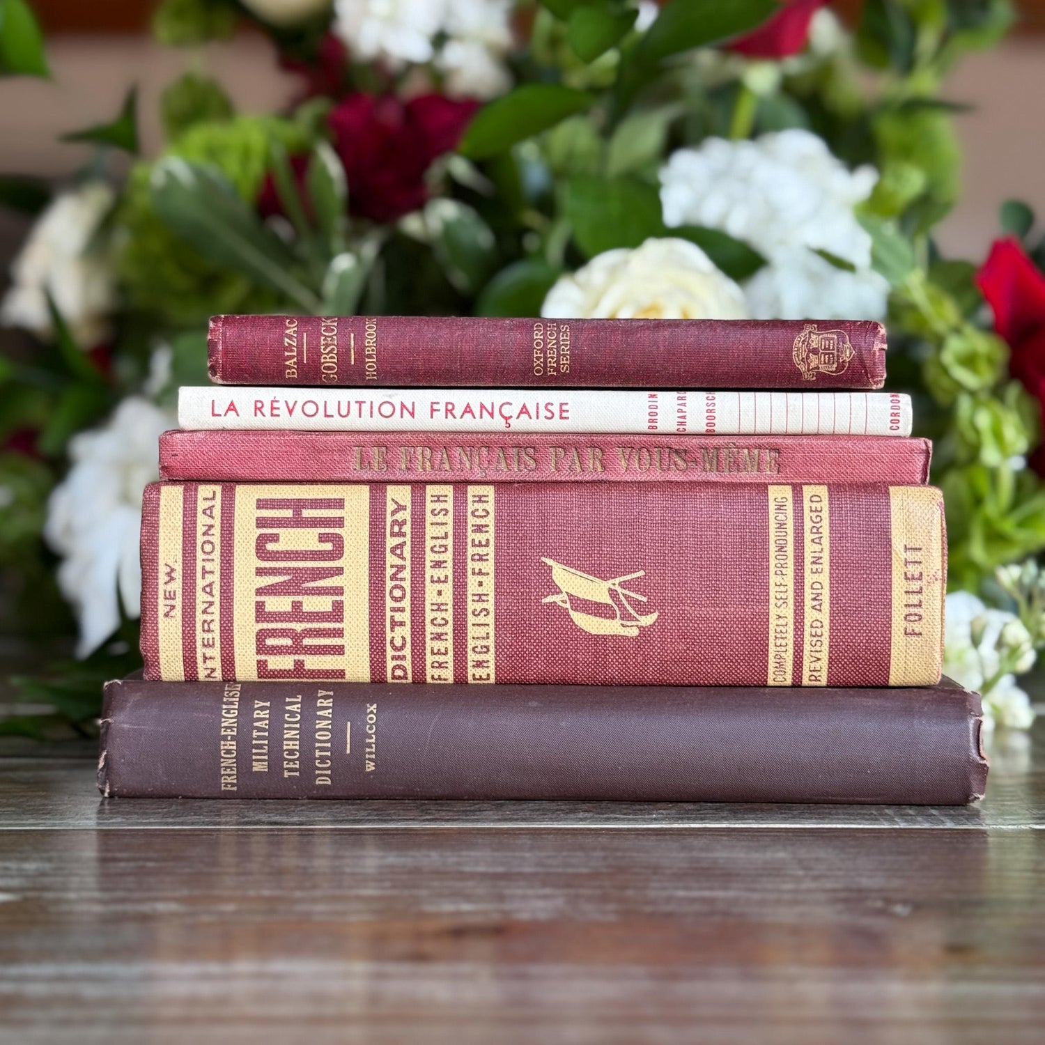 Vintage Red French Language Book Set in Burgundy & Red Decorative for Shelf Styling - Pretty Old Books