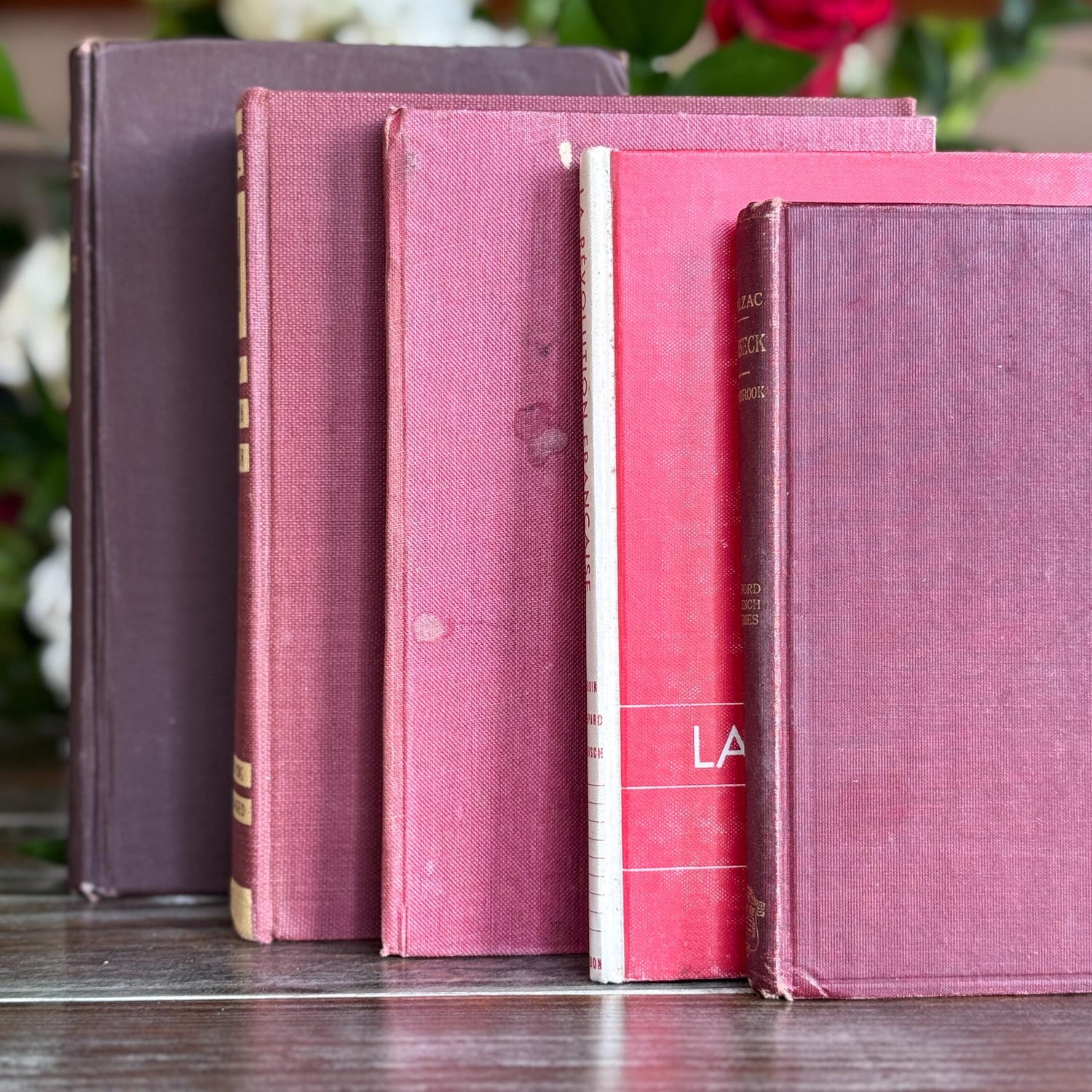 Vintage Red French Language Book Set in Burgundy & Red Decorative for Shelf Styling - Pretty Old Books
