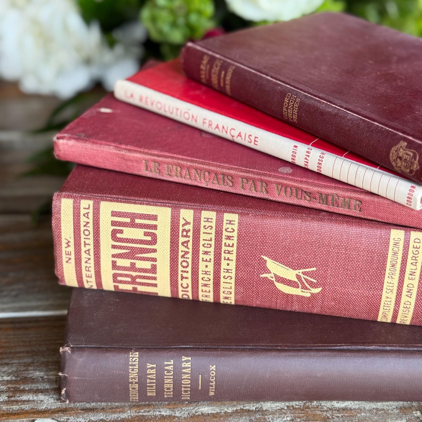 Vintage Red French Language Book Set in Burgundy & Red Decorative for Shelf Styling - Pretty Old Books