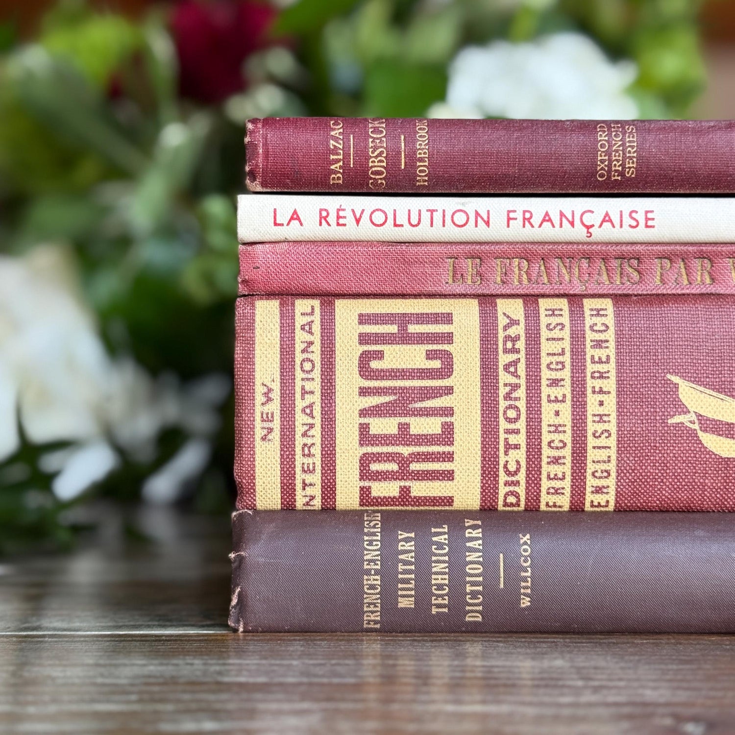Vintage Red French Language Book Set in Burgundy & Red Decorative for Shelf Styling - Pretty Old Books