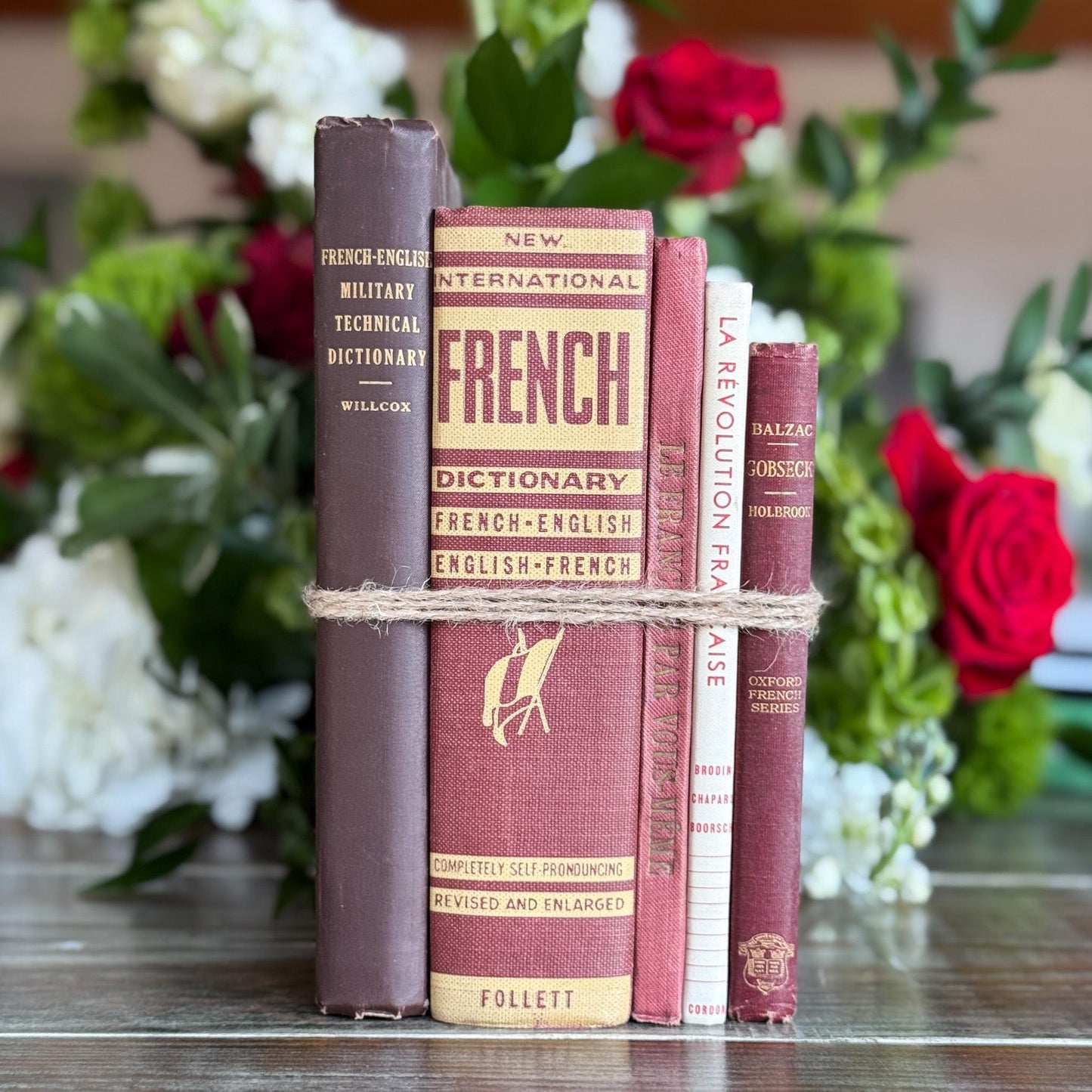 Vintage Red French Language Book Set in Burgundy & Red Decorative for Shelf Styling - Pretty Old Books