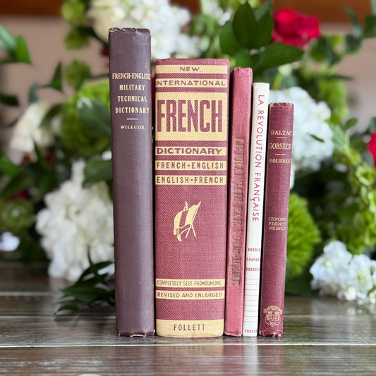 Vintage Red French Language Book Set in Burgundy & Red Decorative for Shelf Styling - Pretty Old Books