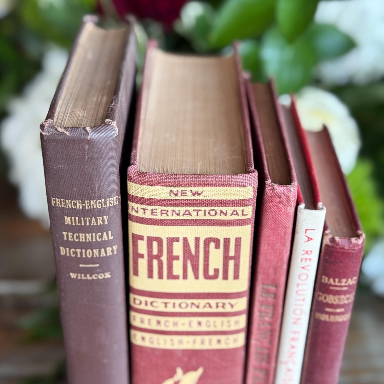 Vintage Red French Language Book Set in Burgundy & Red Decorative for Shelf Styling - Pretty Old Books