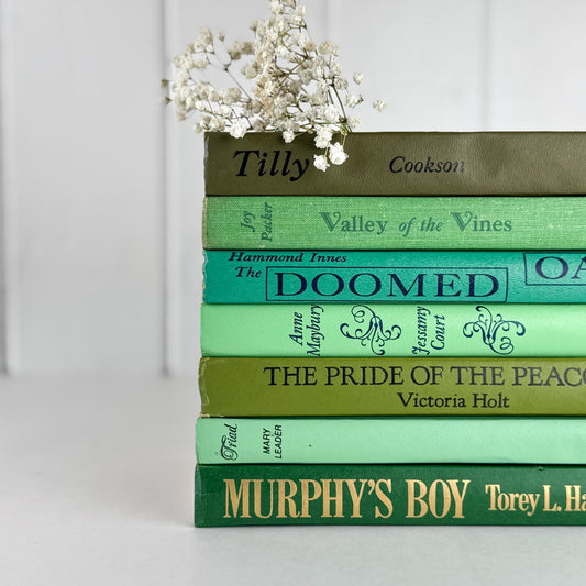 Vintage Retro Green Book Bundle in Lime, Avocado, Leaf Green for Shelf Styling - Pretty Old Books