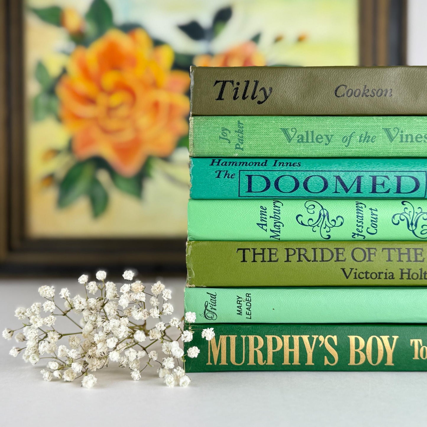 Vintage Retro Green Book Bundle in Lime, Avocado, Leaf Green for Shelf Styling - Pretty Old Books