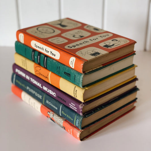 Vintage School Books in Rainbow Colors, Colorful Classroom Shelf Styling - Pretty Old Books