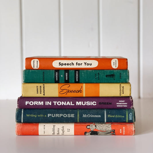 Vintage School Books in Rainbow Colors, Colorful Classroom Shelf Styling - Pretty Old Books