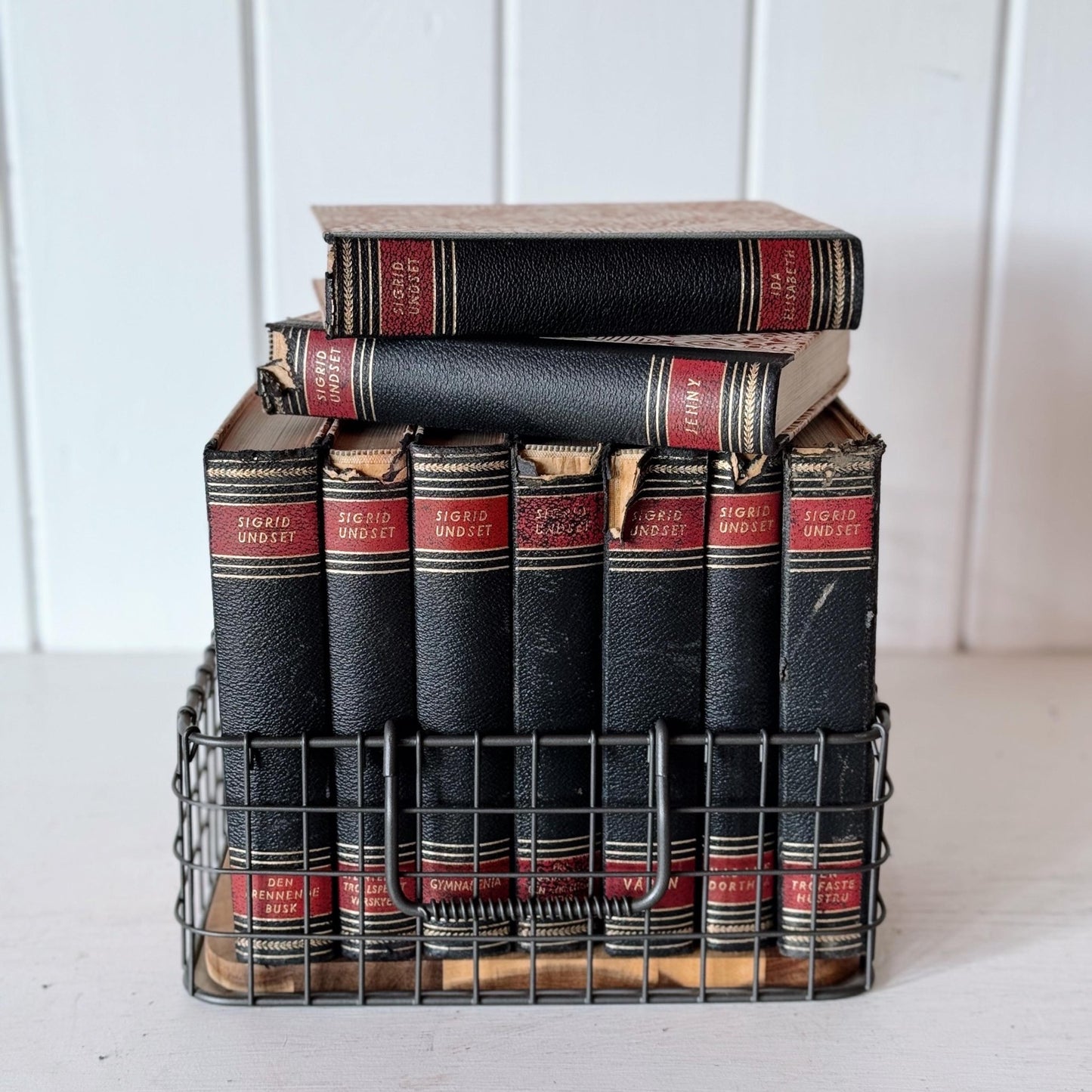 Vintage Sigrid Undset Book Set: Black & Red Leather, 1949 - Pretty Old Books