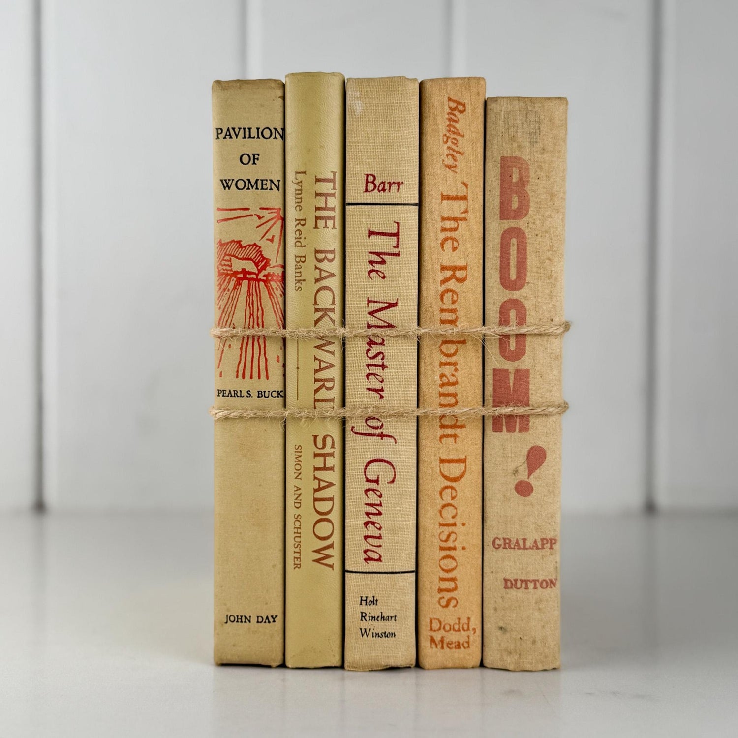 Vintage Tan and Beige Book Bundle with Orange Accents for Shelf Styling - Pretty Old Books