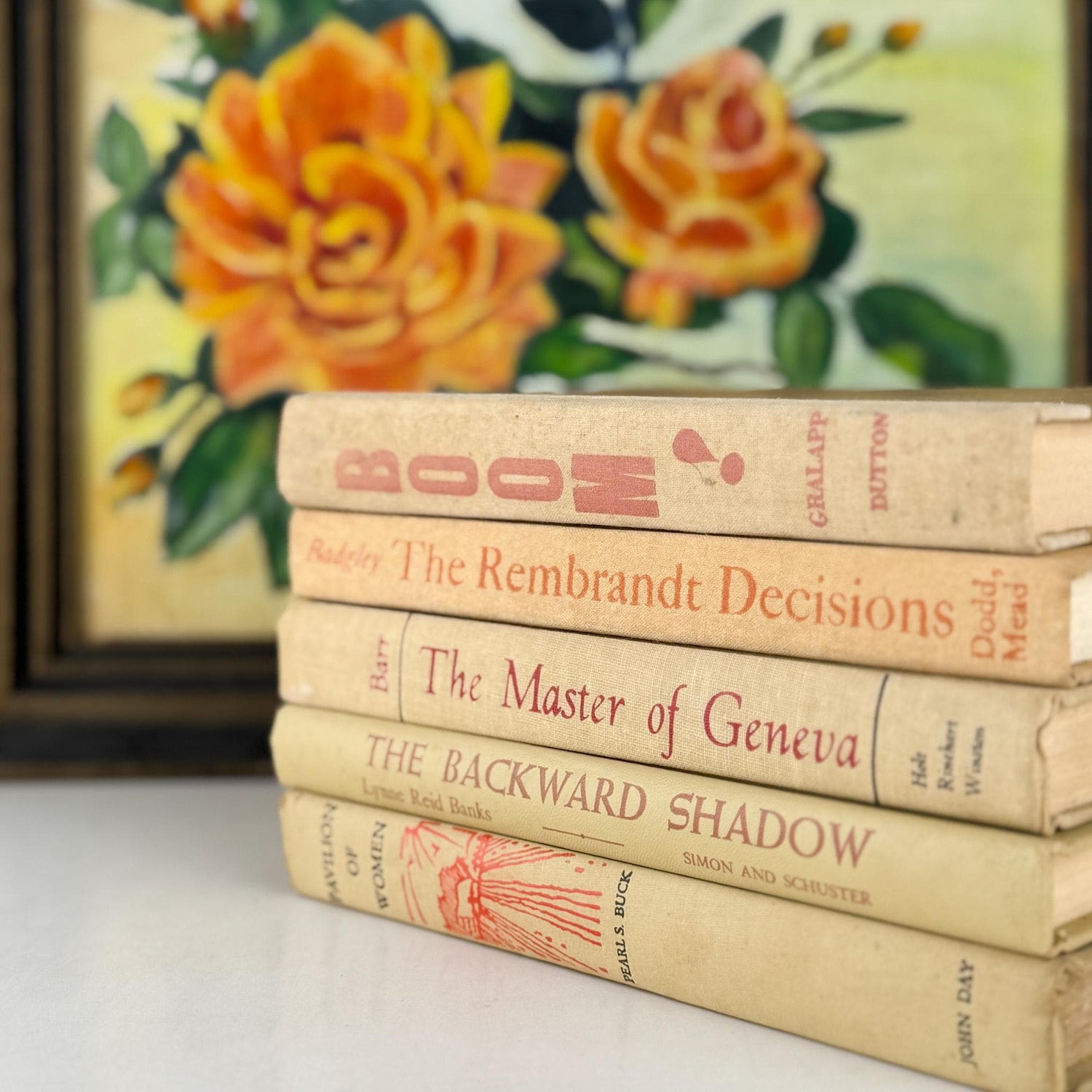 Vintage Tan and Beige Book Bundle with Orange Accents for Shelf Styling - Pretty Old Books
