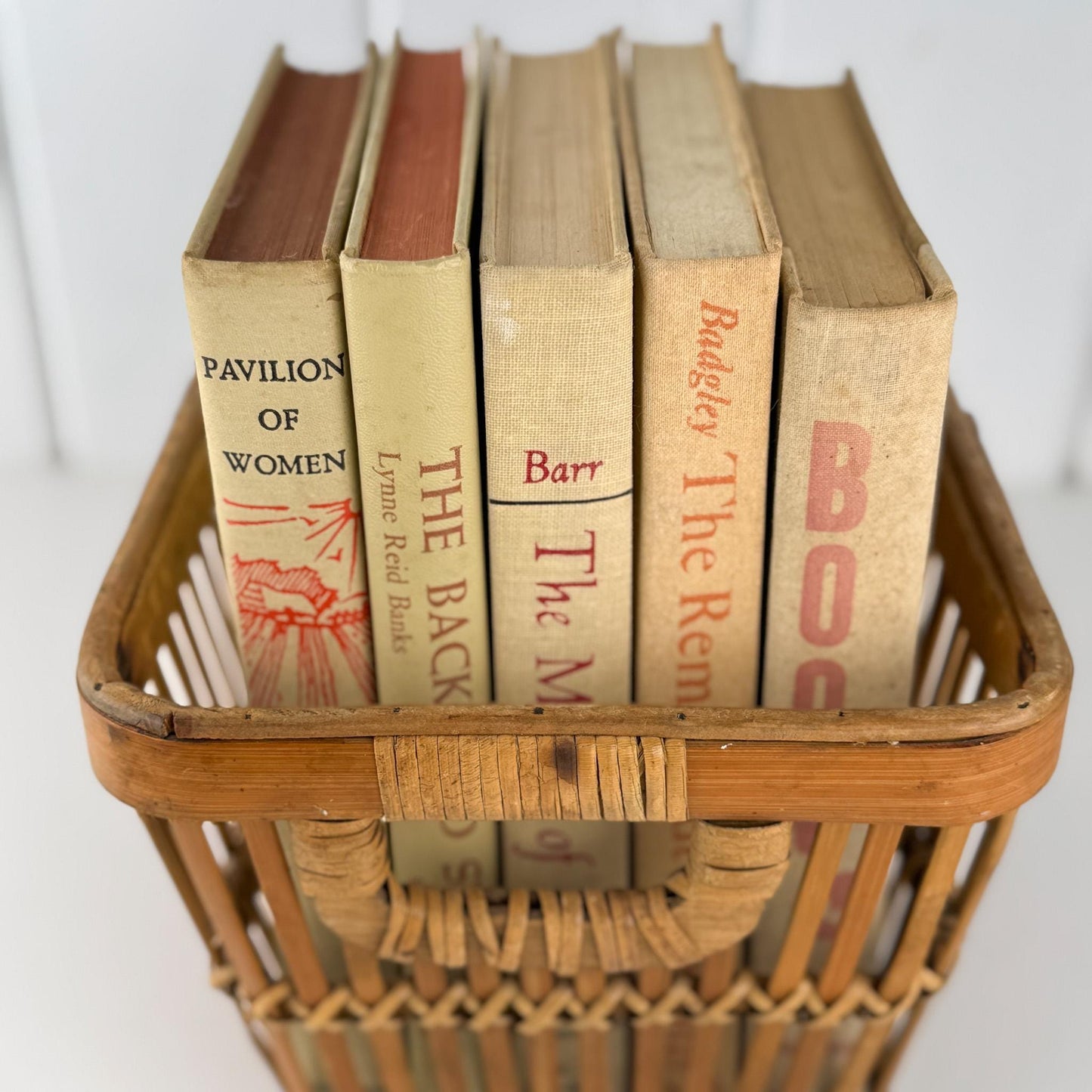 Vintage Tan and Beige Book Bundle with Orange Accents for Shelf Styling - Pretty Old Books