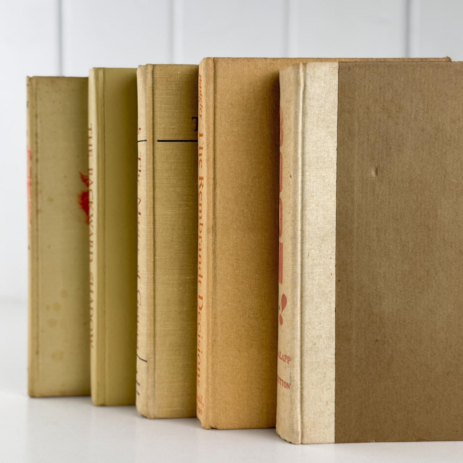 Vintage Tan and Beige Book Bundle with Orange Accents for Shelf Styling - Pretty Old Books