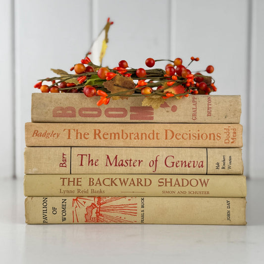 Vintage Tan and Beige Book Bundle with Orange Accents for Shelf Styling - Pretty Old Books