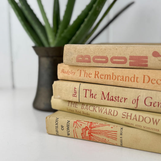 Vintage Tan and Beige Book Bundle with Orange Accents for Shelf Styling - Pretty Old Books