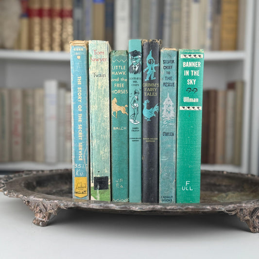 Vintage Teal Blue Green Children's Books for Bookshelf Decor, Playroom Kids Room Styling - Pretty Old Books