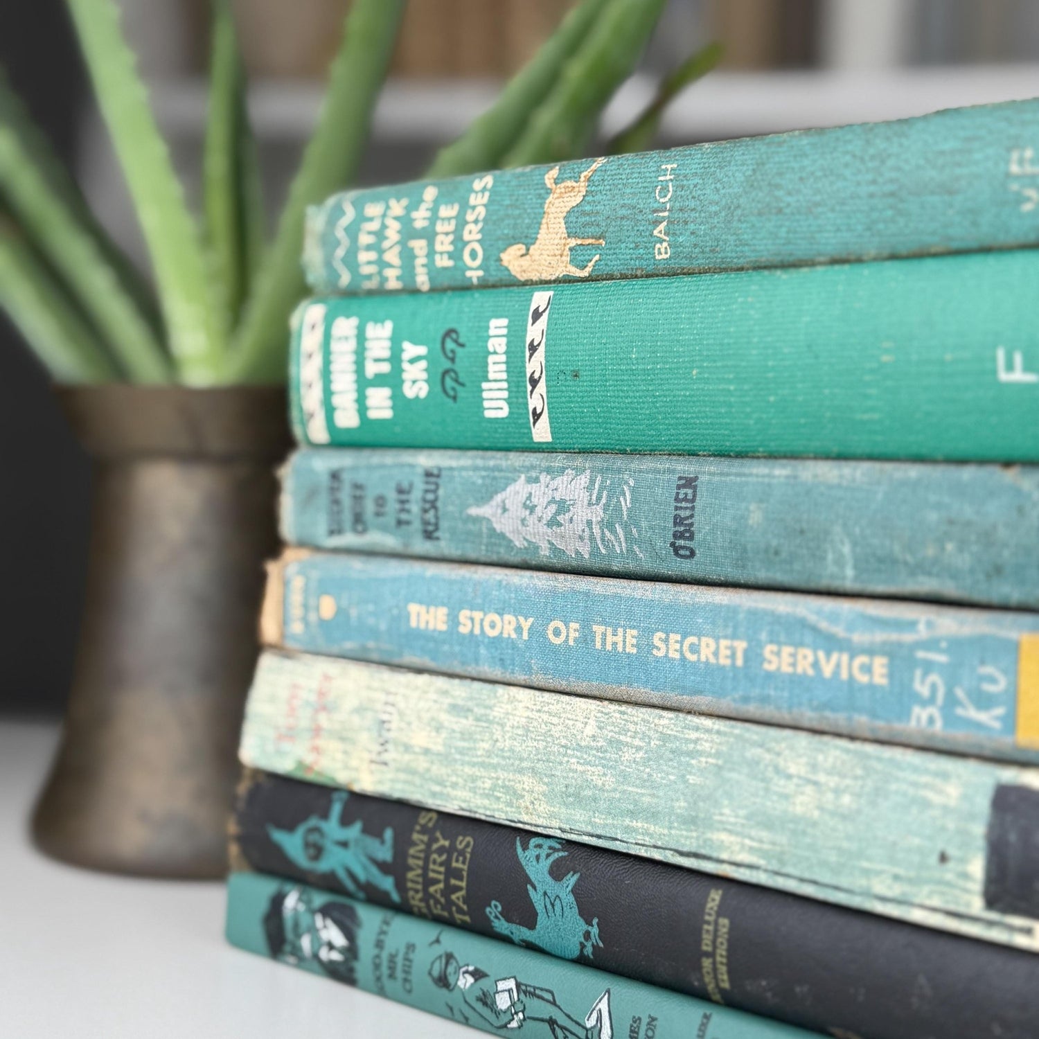 Vintage Teal Blue Green Children's Books for Bookshelf Decor, Playroom Kids Room Styling - Pretty Old Books