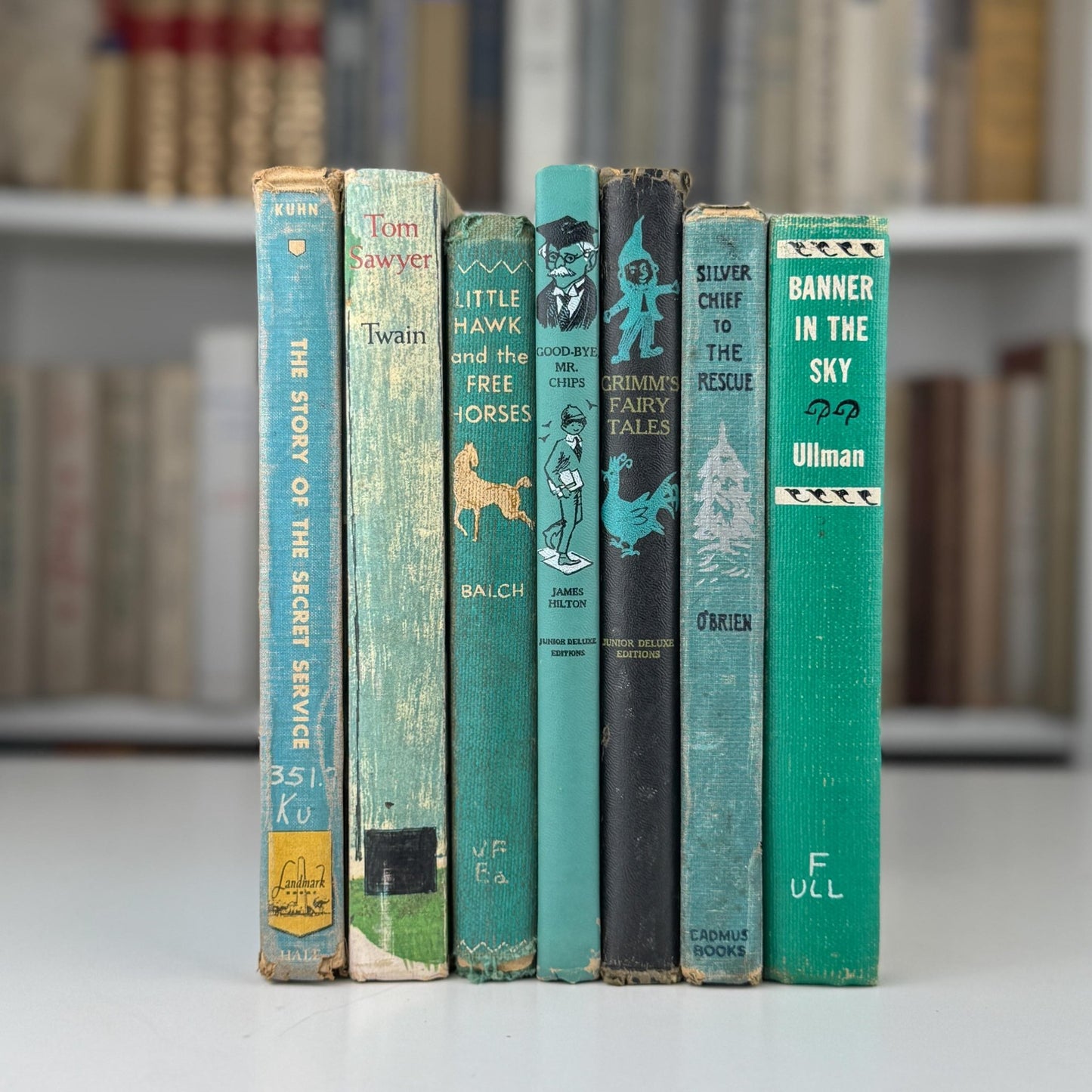 Vintage Teal Blue Green Children's Books for Bookshelf Decor, Playroom Kids Room Styling - Pretty Old Books